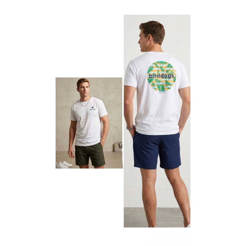Birddogs Mens XL White Graphic T-Shirt Tropical Palm Back Print Cotton Stretch